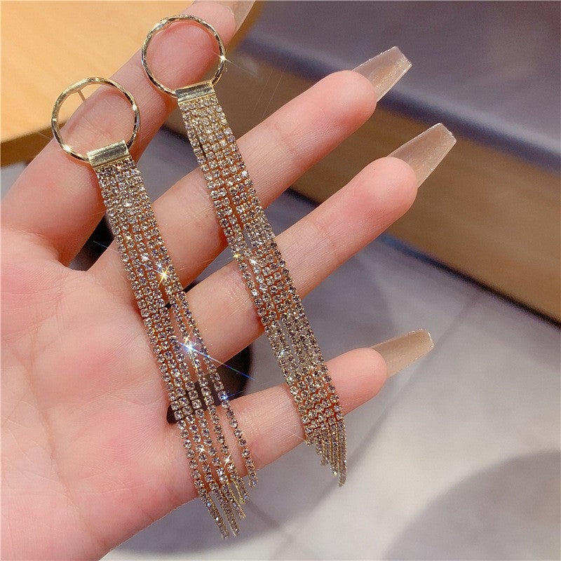 Sterling Silver Needle Light Luxury Tassel Earrings Banquet Style High-grade Long Earrings
