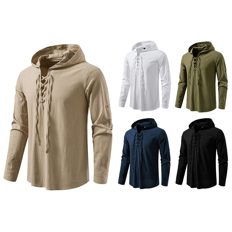 New Medieval Pirate Drawstring Men's Cotton Linen Long Sleeve