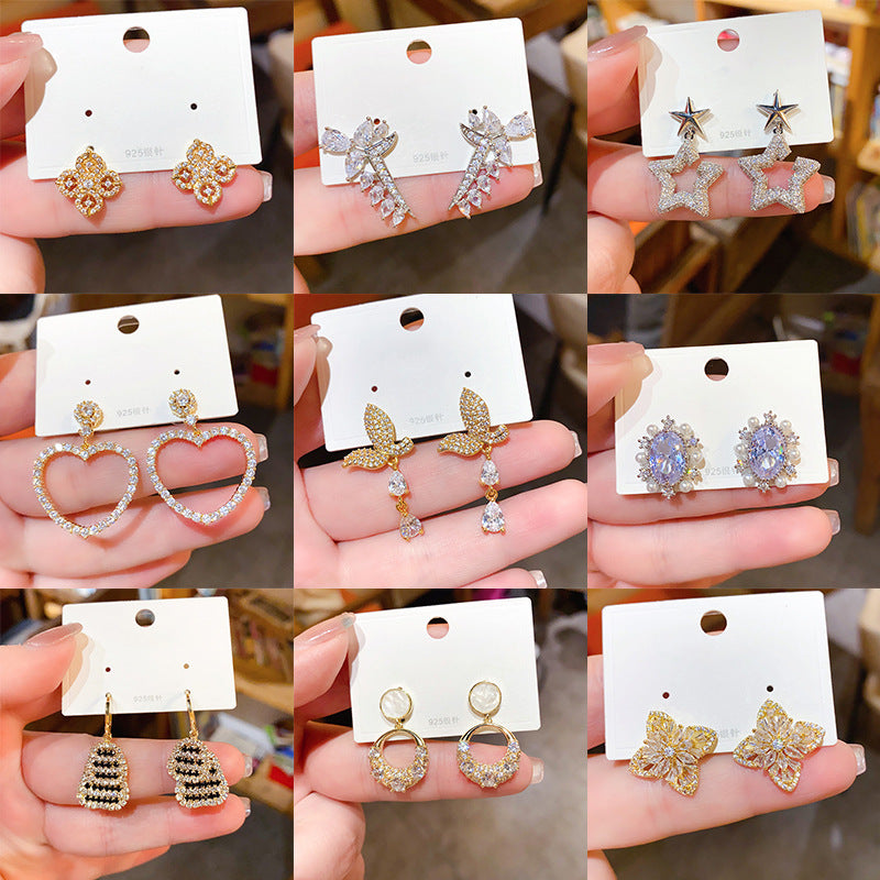 Light Luxury Heart-shaped Zircon Round Triangle Water Drop Ear Studs Personalized Minority