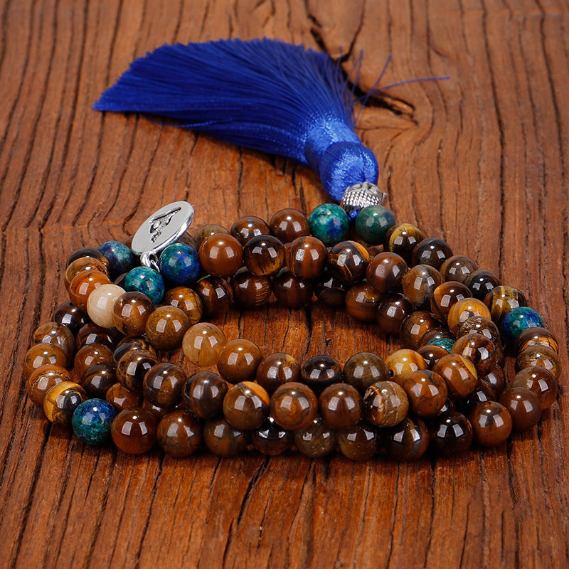 Tiger Eye Stone Bead Necklace Handmade Buddha Head Yoga