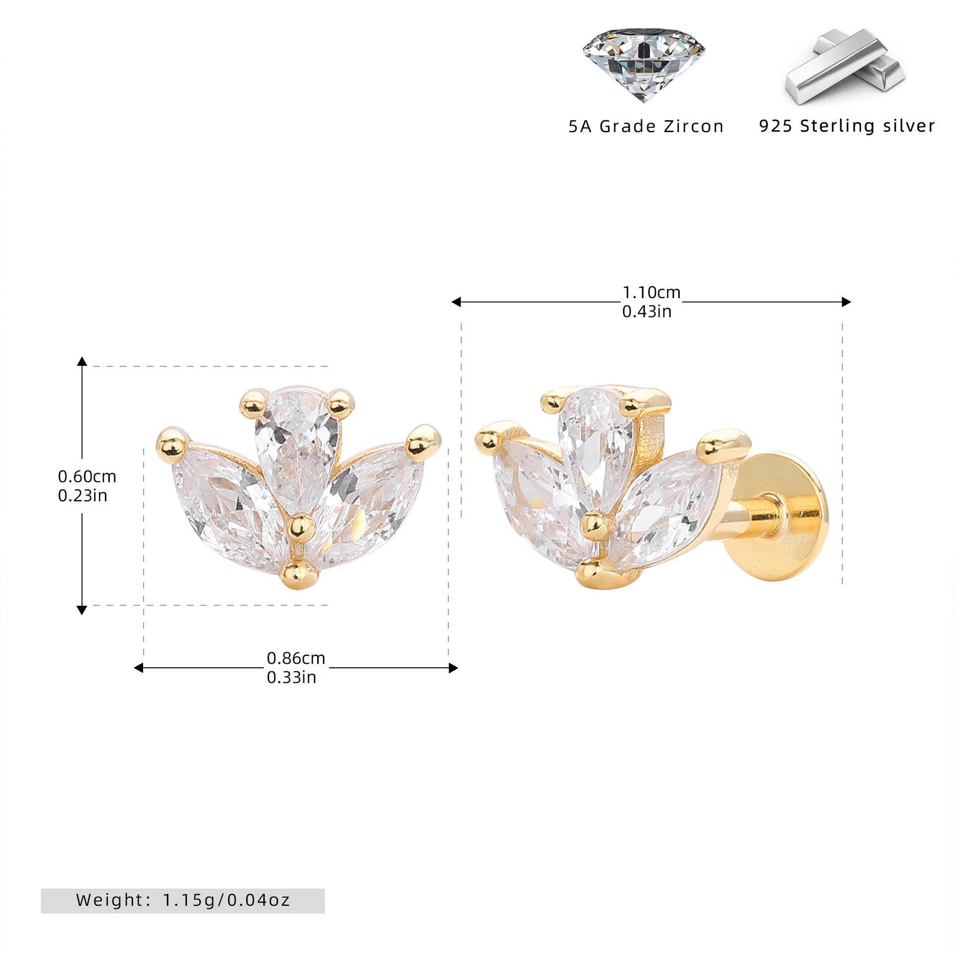 S925 Sterling Silver Inlaid Zirconium Piercing Ear Stud Nose Stud