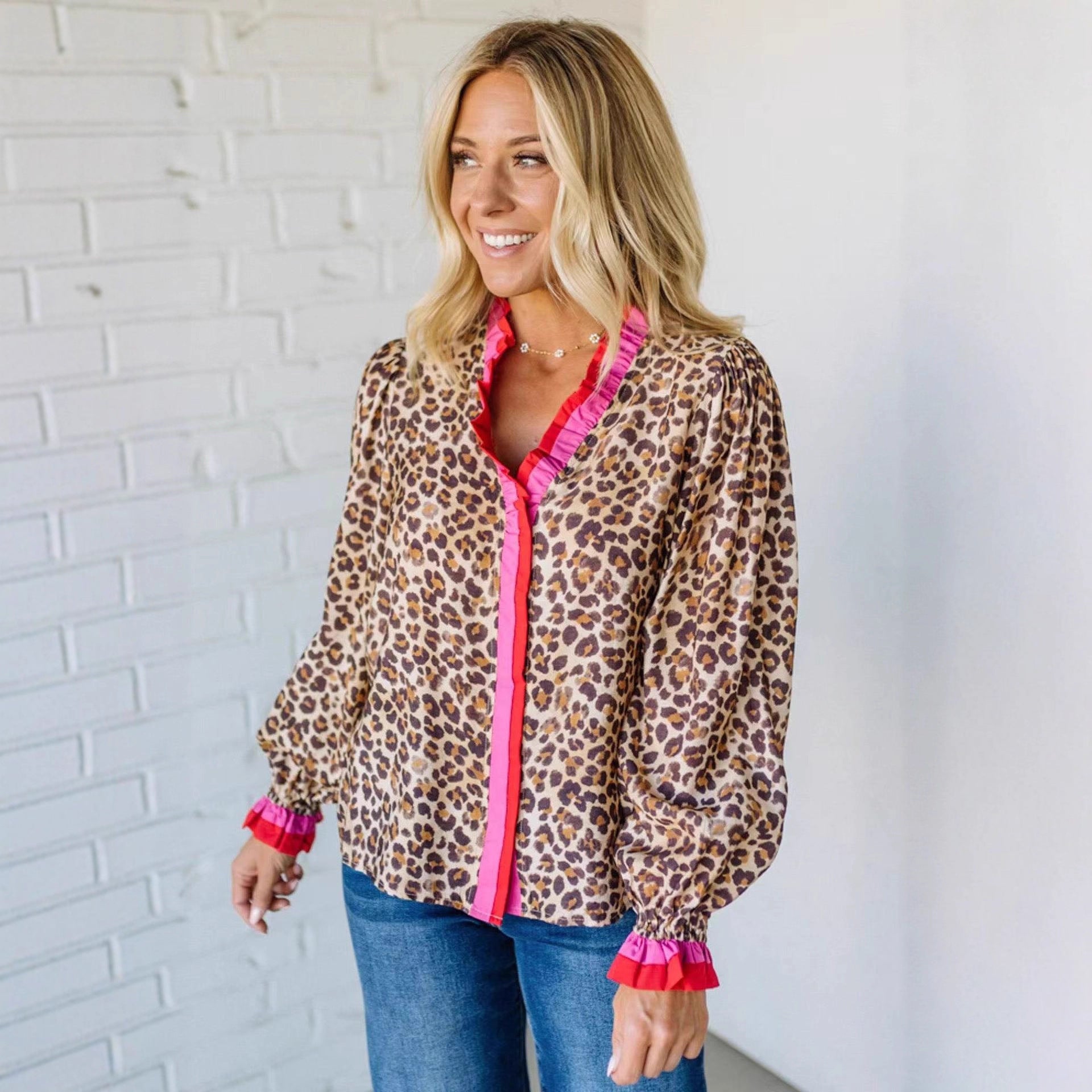 Digital-print Leopard-pattern Lace Long-sleeve Womens Versatile Top