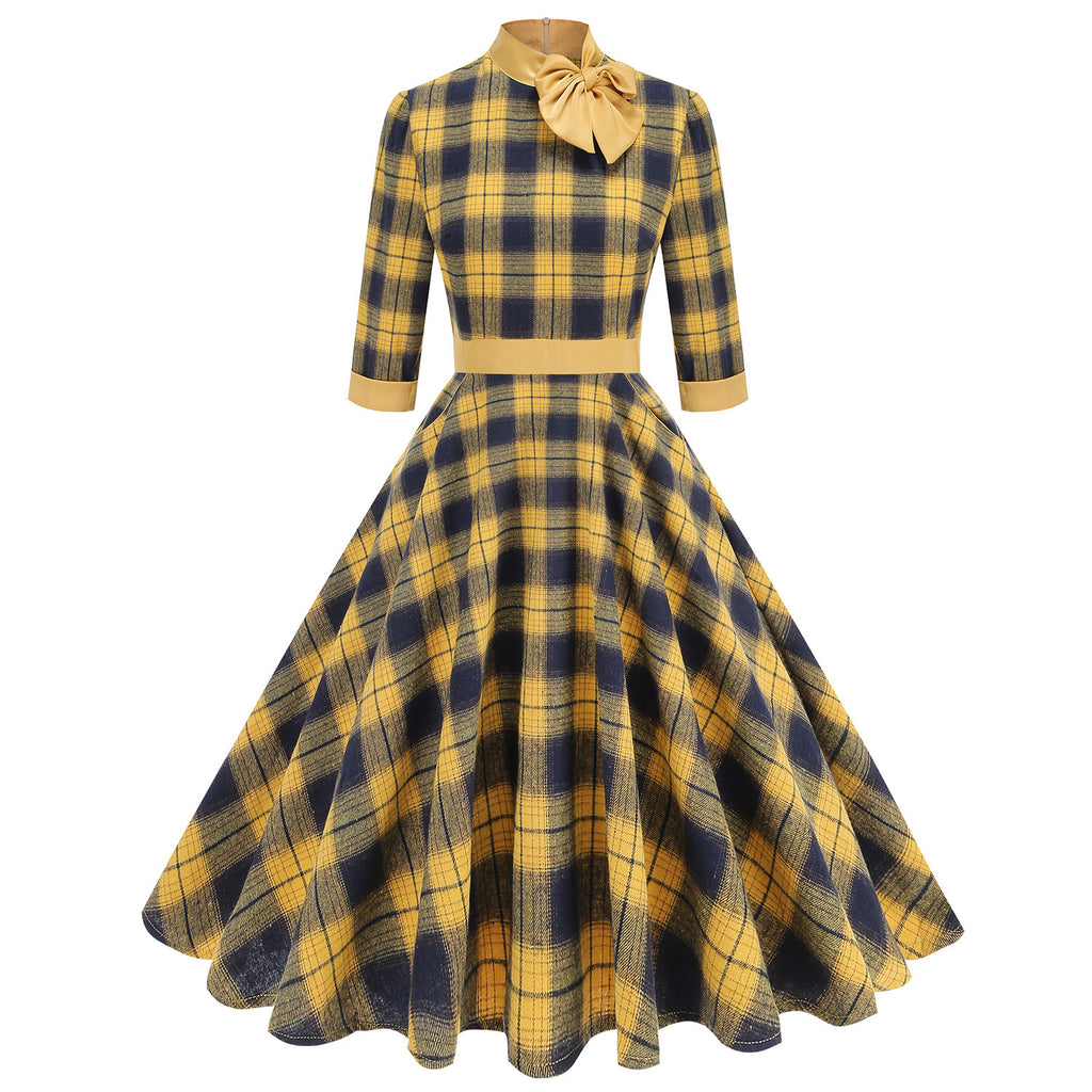 Halloween Plaid Turtleneck Bow High Waist Big Swing Dress