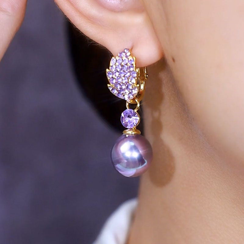 Light Luxury Purple Full Diamond Leaf Pearl Earrings For Women