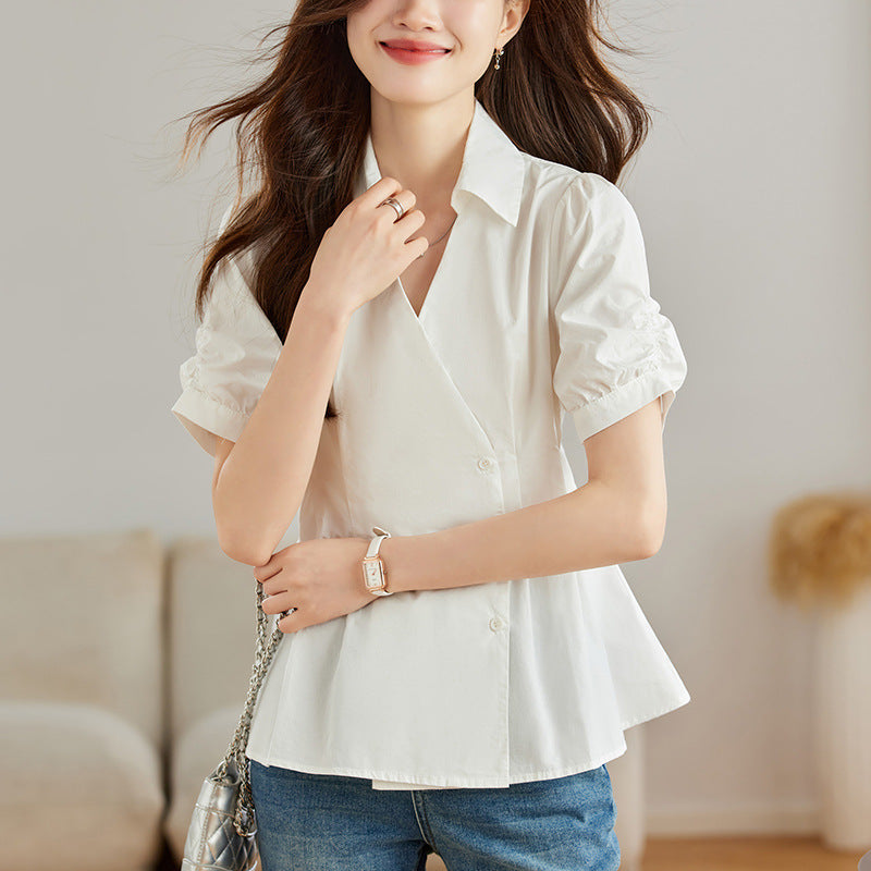 Women's Notched Collar Slim-fit Short-sleeve Shirt