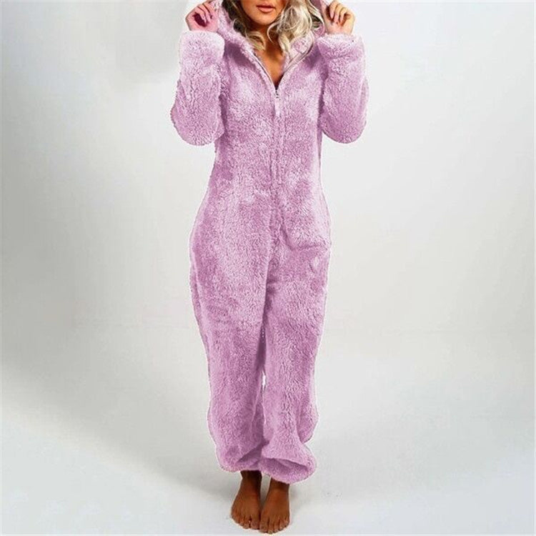 Fleece-lined Thickened Furry Jumpsuit Hooded Pajamas