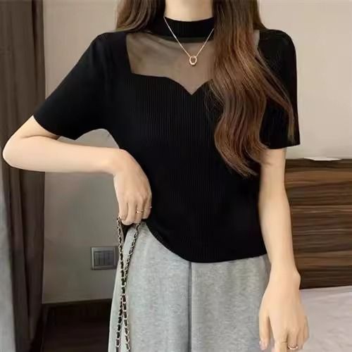 Women's Crew-Neck Short Organza French Top