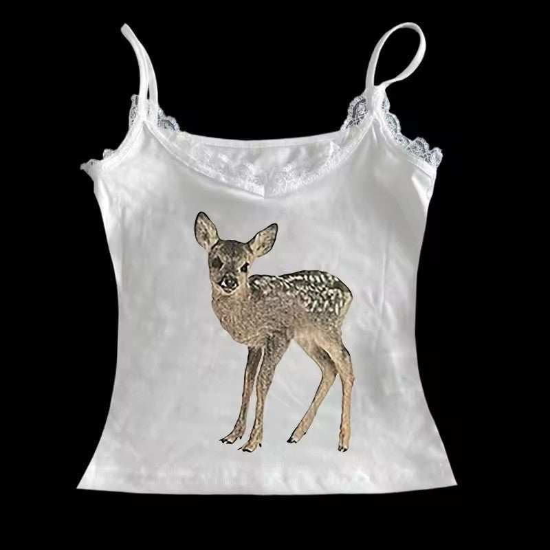 Women's Retro Easy Matching Deer Printed Lace Top Shorts