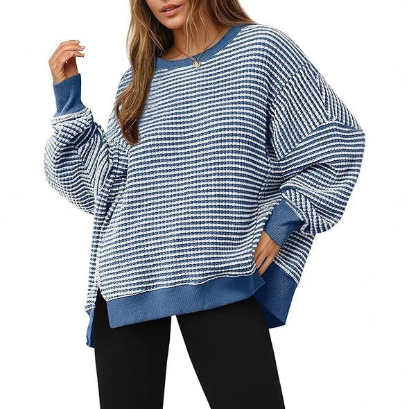 Waffle Knitted Long Sleeve Crew Neck Split Pullover Sweater