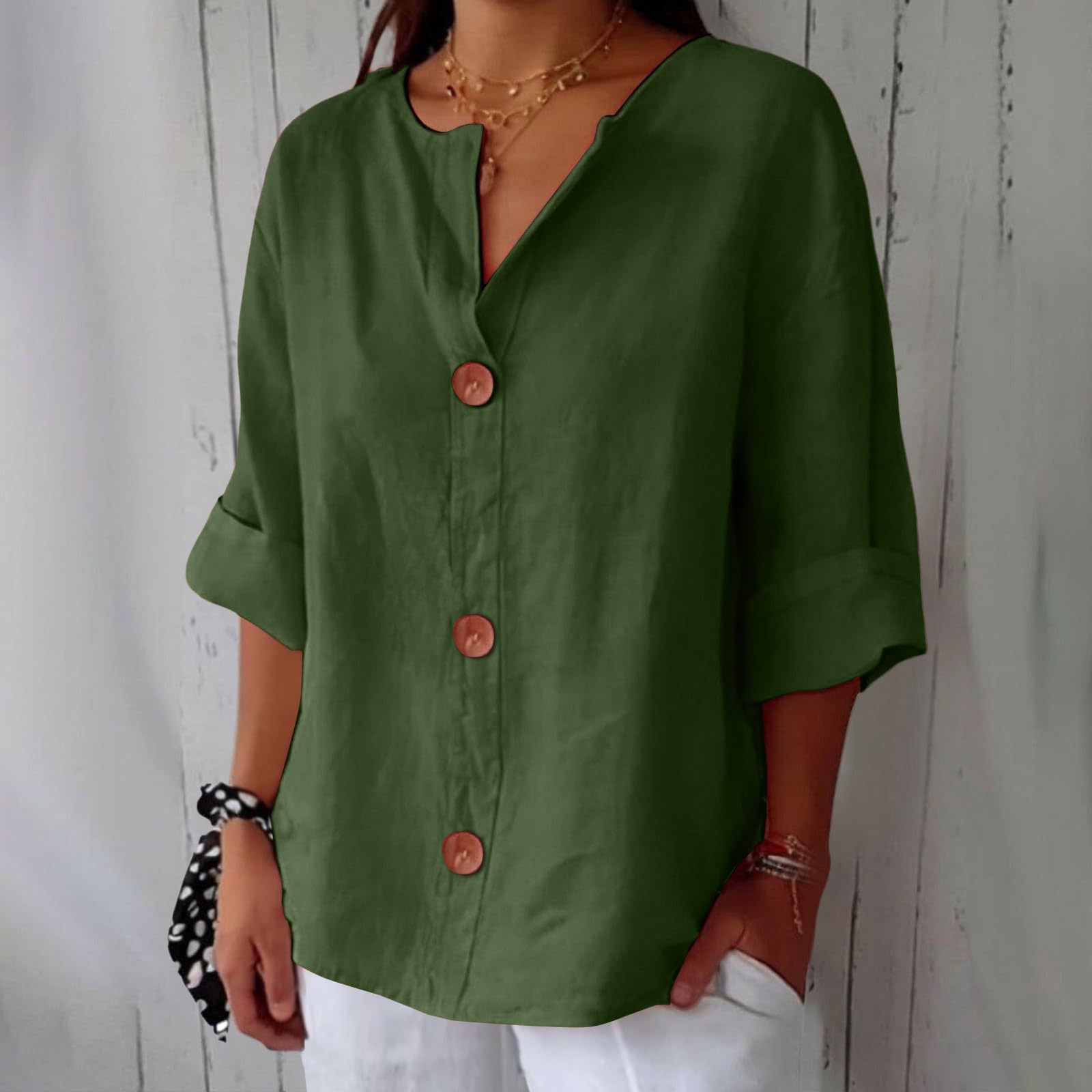 Women's V-neck cotton and linen buttoned blouse