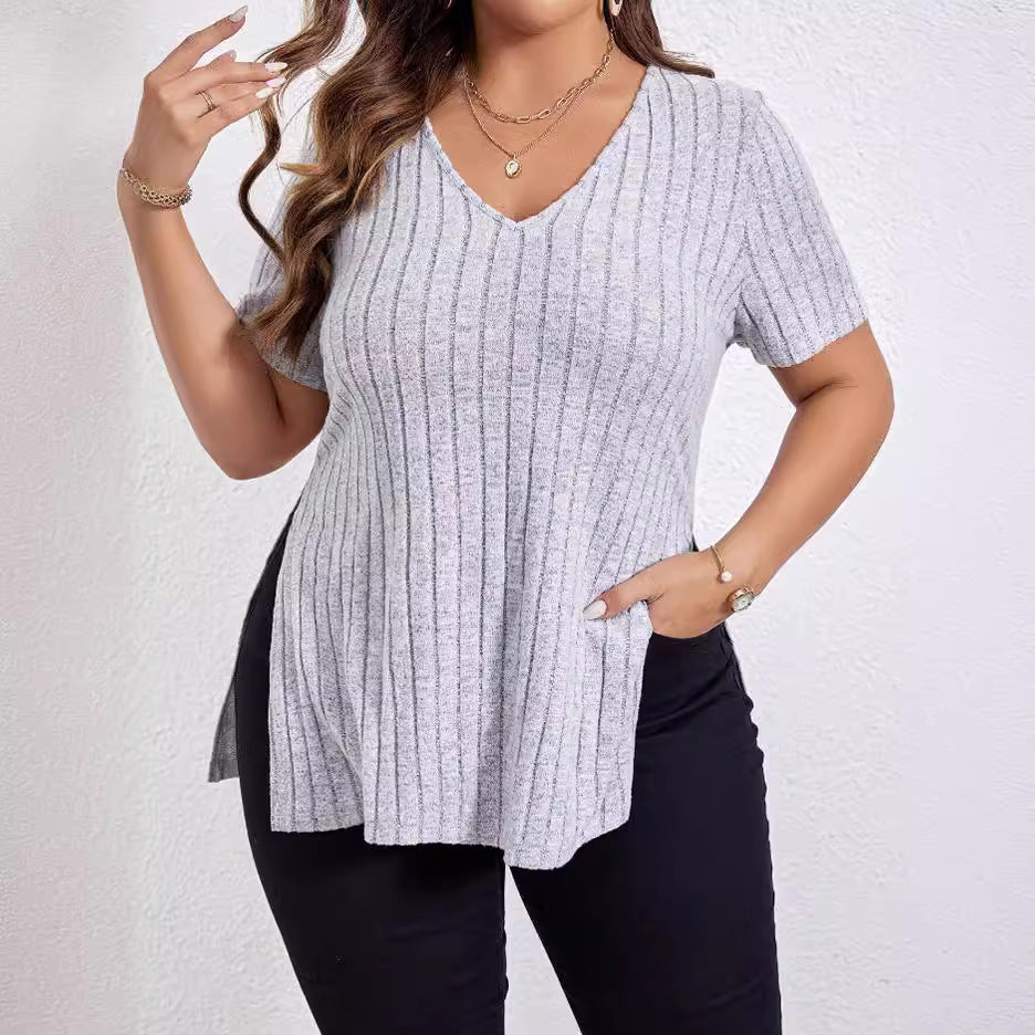 V-neck Split Sunken Stripe Brushed Women's Short Sleeve