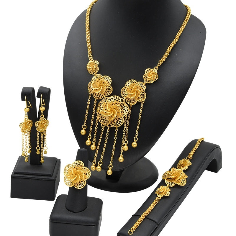 Lady's Flower Necklace Earring Ring Bracelet Copper-plated Gold Jewelry Suit