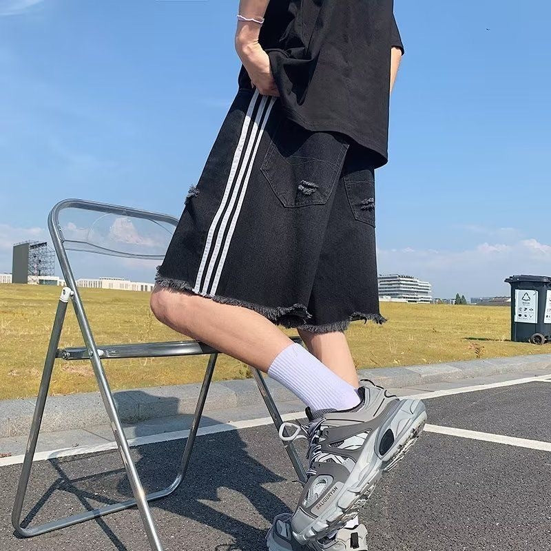 Ripped Denim Shorts Men's Retro Three-bar Pants Design Sense Niche Loose Large Trunks