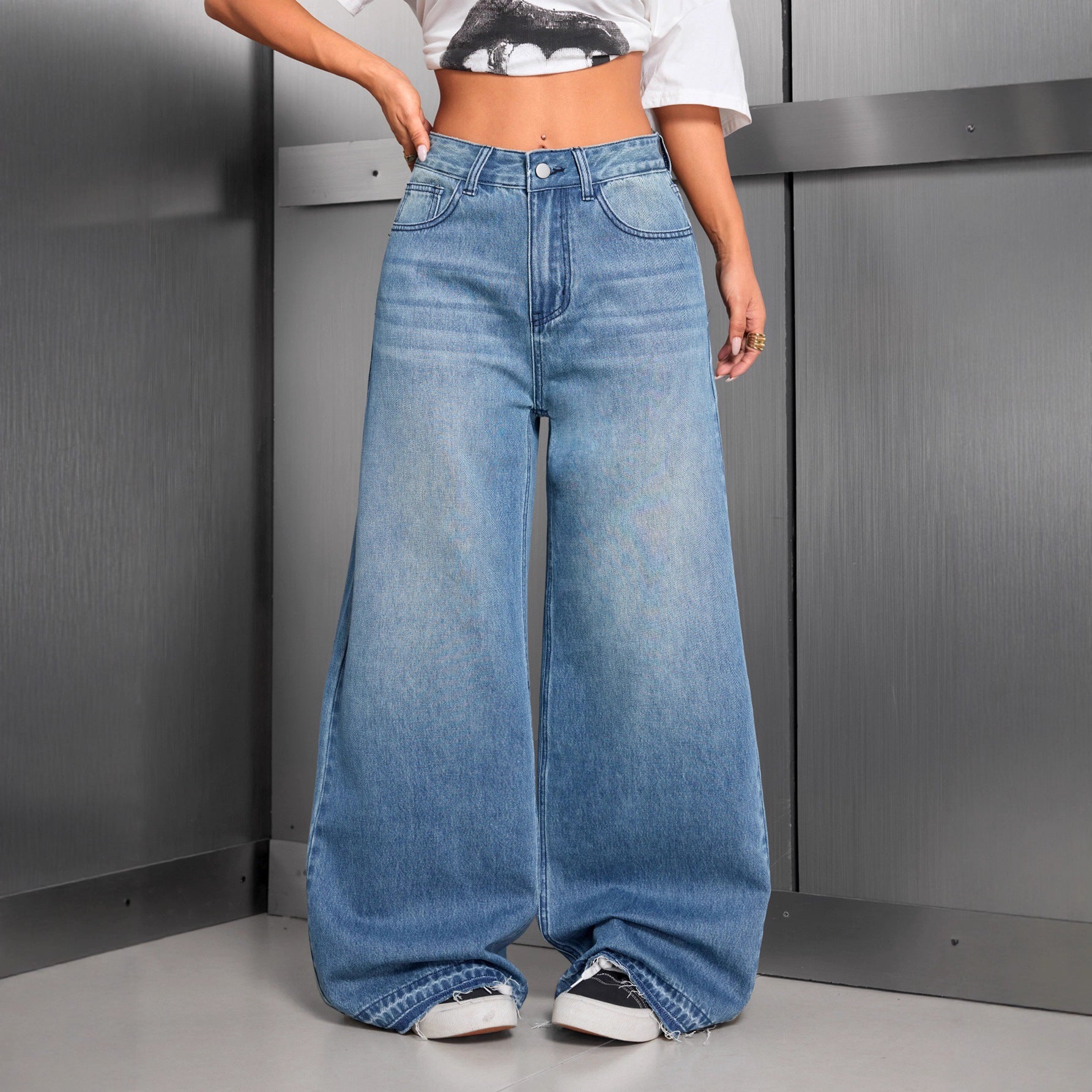 High-Street Vintage Solid-Color Wide-Leg Denim Jeans For Women