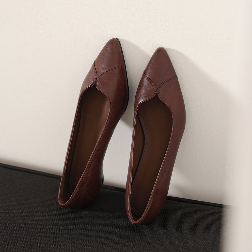 Women's Washed Full-Grain Cowhide Kitten Heel Pumps, Pointed Toe Handcrafted Leather Dress Shoes