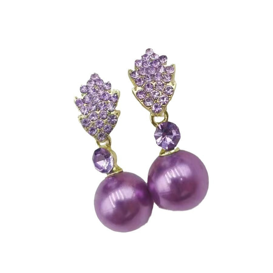 Light Luxury Purple Full Diamond Leaf Pearl Earrings For Women