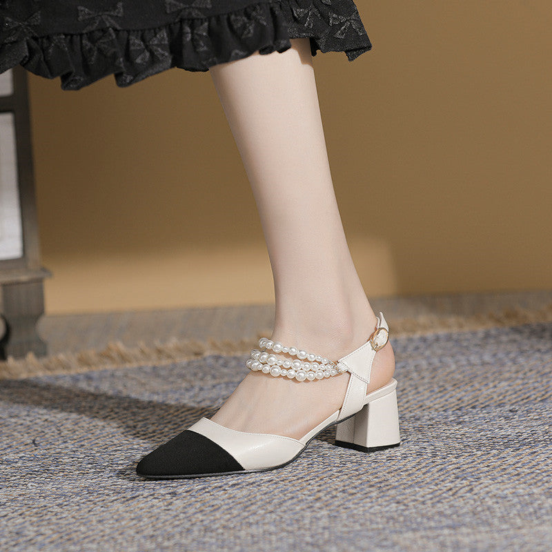 Pointed Toe Chunky Heel High Heels Plus Size Buckle Pearl Sandals