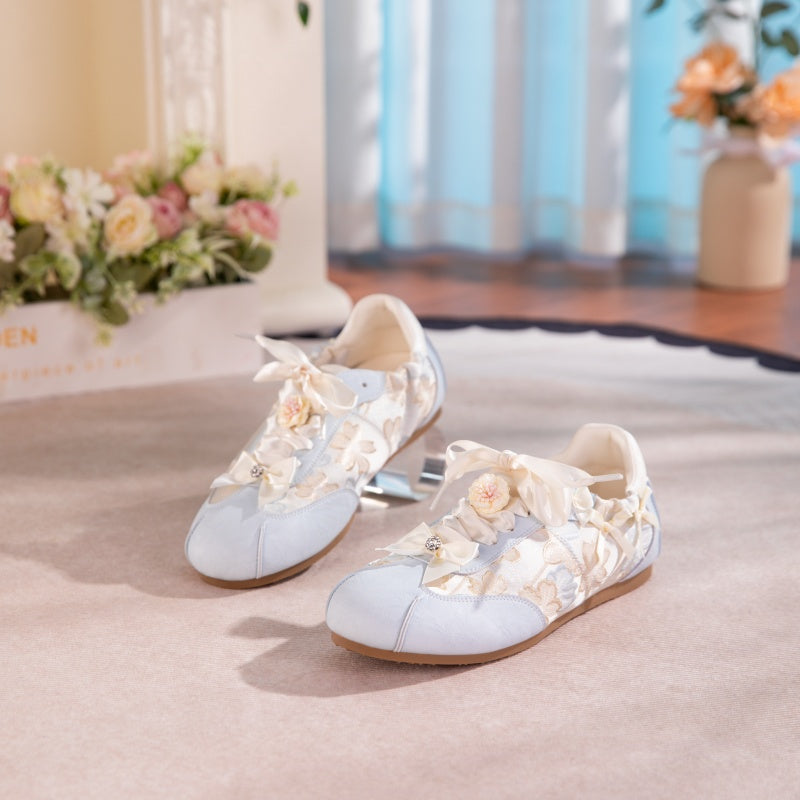 2026 New-style Oriental Aesthetic Flower Embroidery Casual Shoes - Three-color Ribbon Bow Flat Shoes - Sweet-Tempered Women's Shoes - Versatile Sports Shoes
