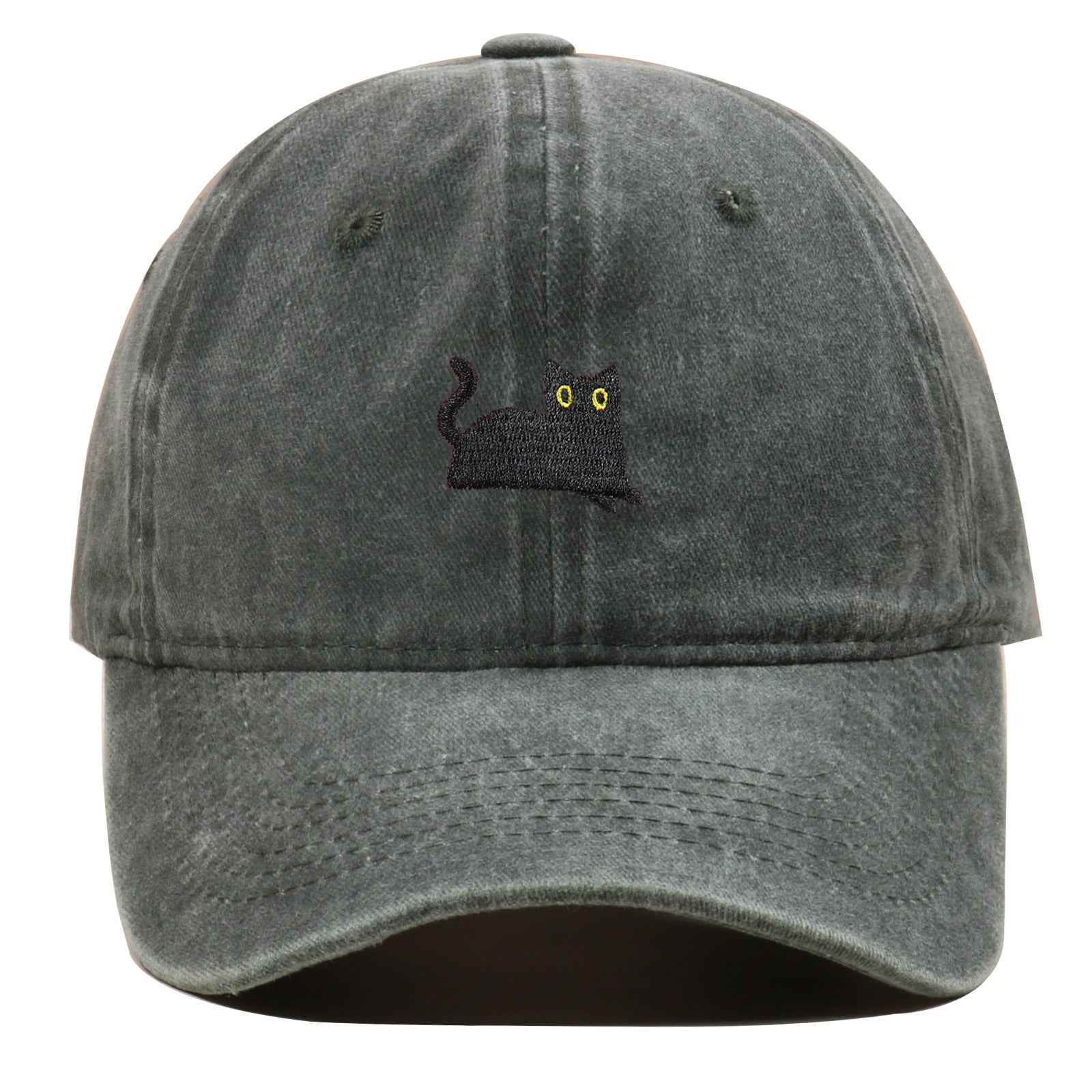 Black Cat Embroidered Washed Baseball Cap Sun Hat