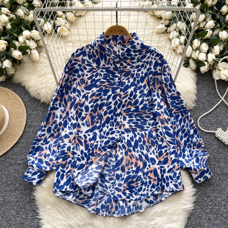 Retro French-style Printed Womens Autumn Loose Slimming Top