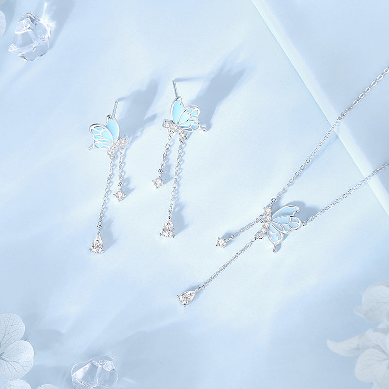 Luminous Dancing Butterfly Tassel S925 Sterling Silver Stud Earrings Minority Fashion Long
