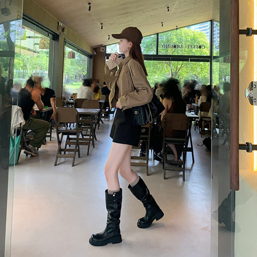 Women's 5cm Height-Enhancing Three-Dimensional Round-Toe Thick-Soled Chunky-Heel Riding Boots With Snap Buttons
