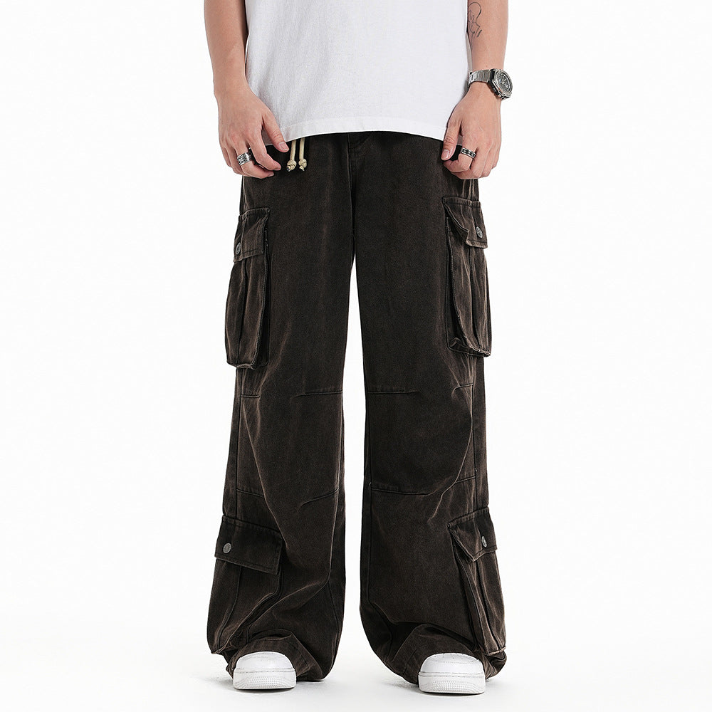 Punk Distressed Wash Multi-pocket Workwear Trousers