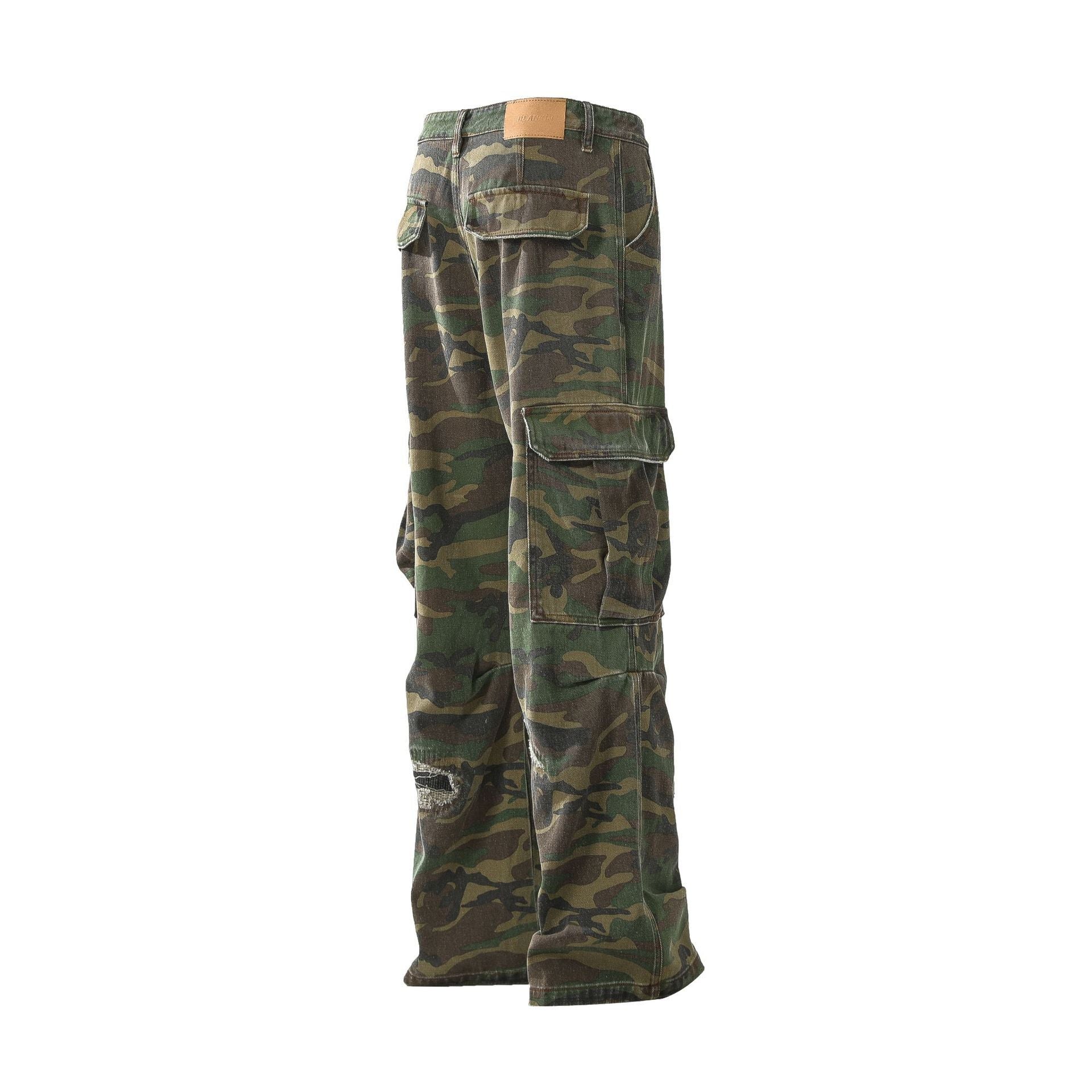Retro Tattered Jeans Personalized Camouflage Workwear Casual Pants