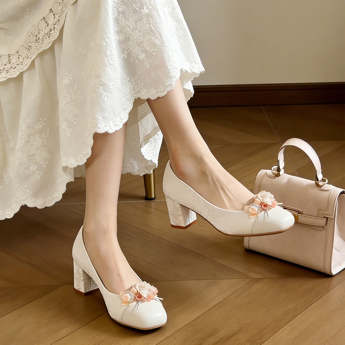 White Floral Block Heel Pumps, Elegant Square Toe Jacquard Women's Dress Shoes