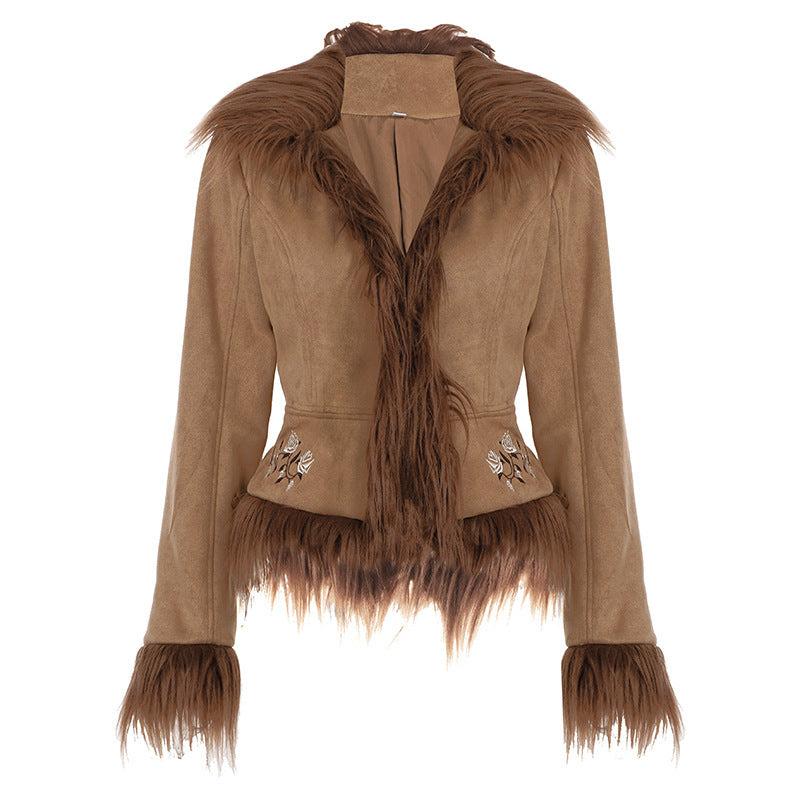 Vintage Maillard Fur Collar Flower Embroidery Short Warm Coat