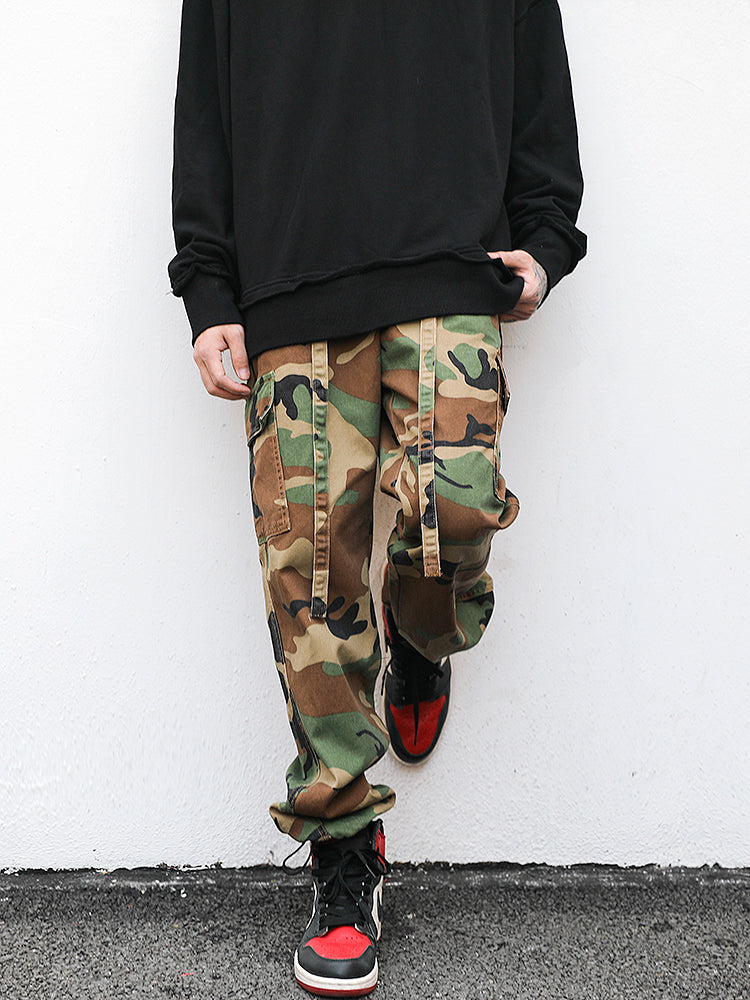 Camouflage Floating Rope Belt Straight Loose Trousers