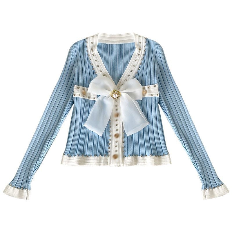 Fashion V-neck Bow Knitted Coat Women's Top