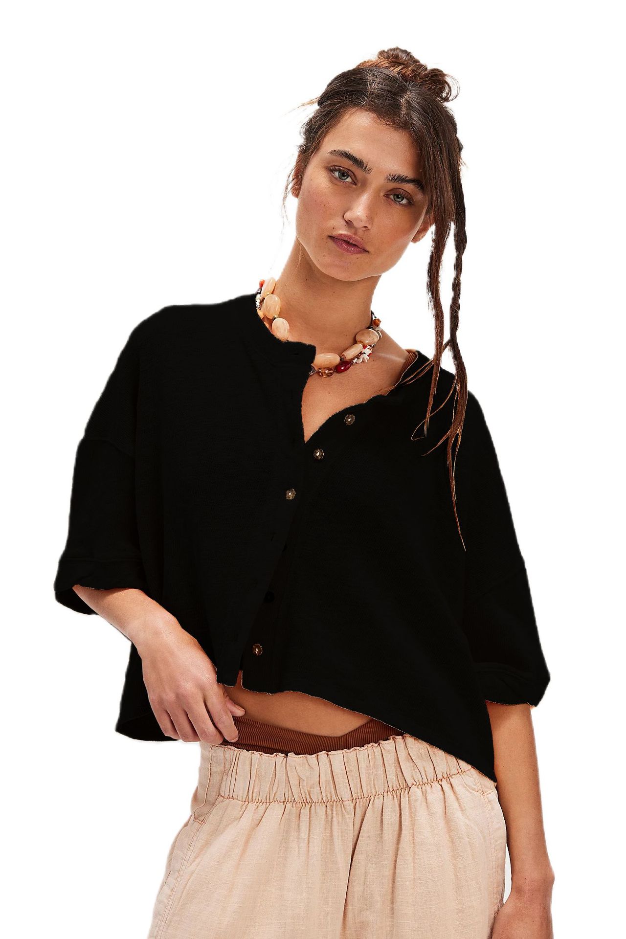 Linen Cardigan Button-up Top Three-quarter Sleeves Solid Color Womens Clothing