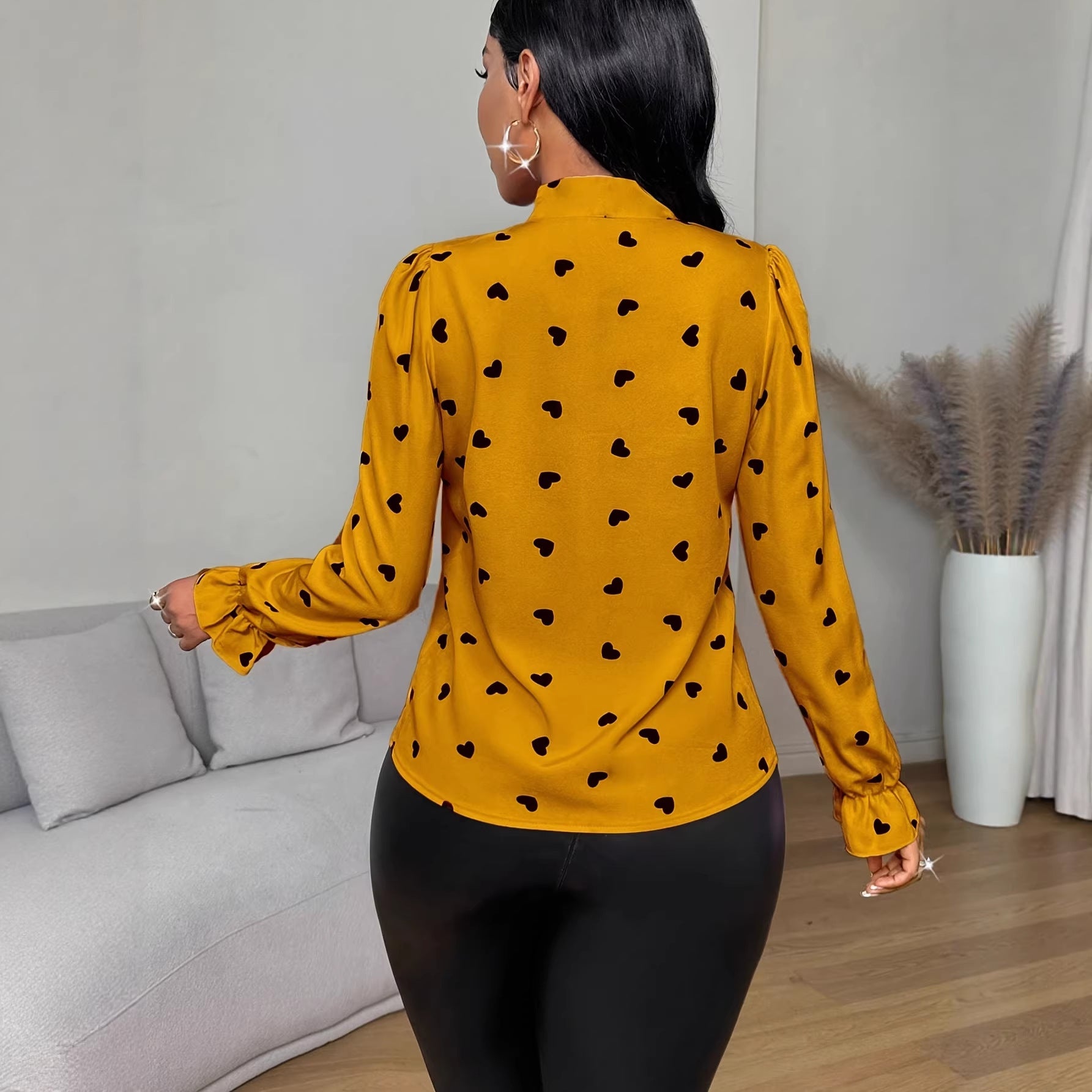 Printed Collared Ruffle-Trimmed Long-Sleeve Womens Shirt