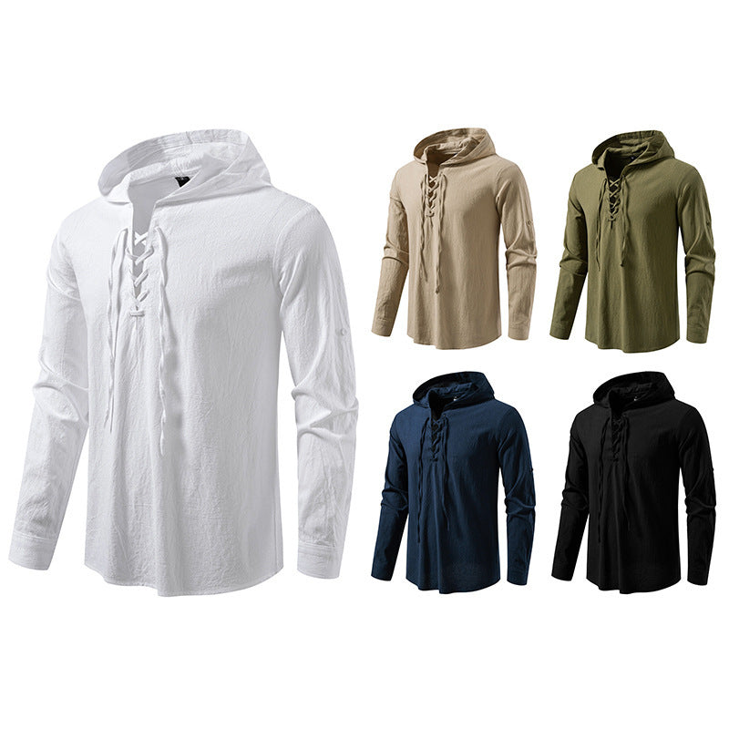 New Medieval Pirate Drawstring Men's Cotton Linen Long Sleeve