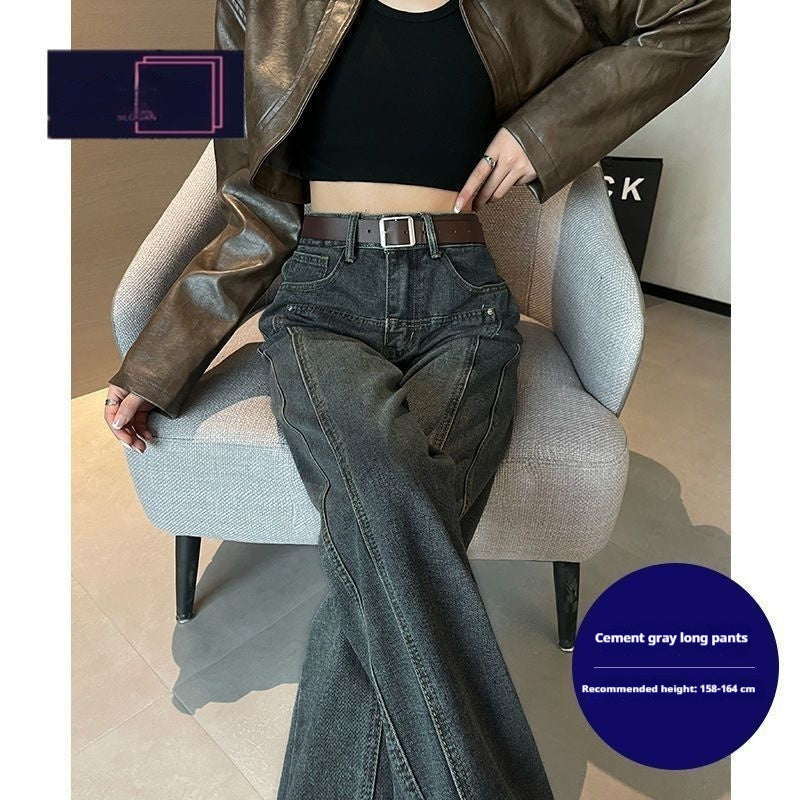 Cement-gray Womens High-waisted Loose-fit Slimming Narrow Straight-leg Floor-length Wide-leg Denim Jeans