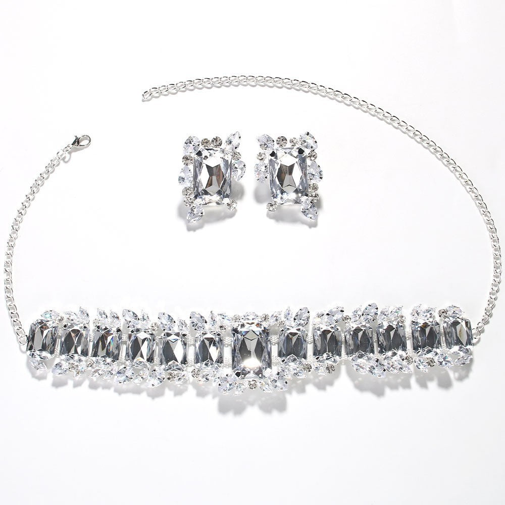 Light Luxury Geometric Crystal Necklace Suit Square Exaggerated Earrings Jewelry Set Decorations