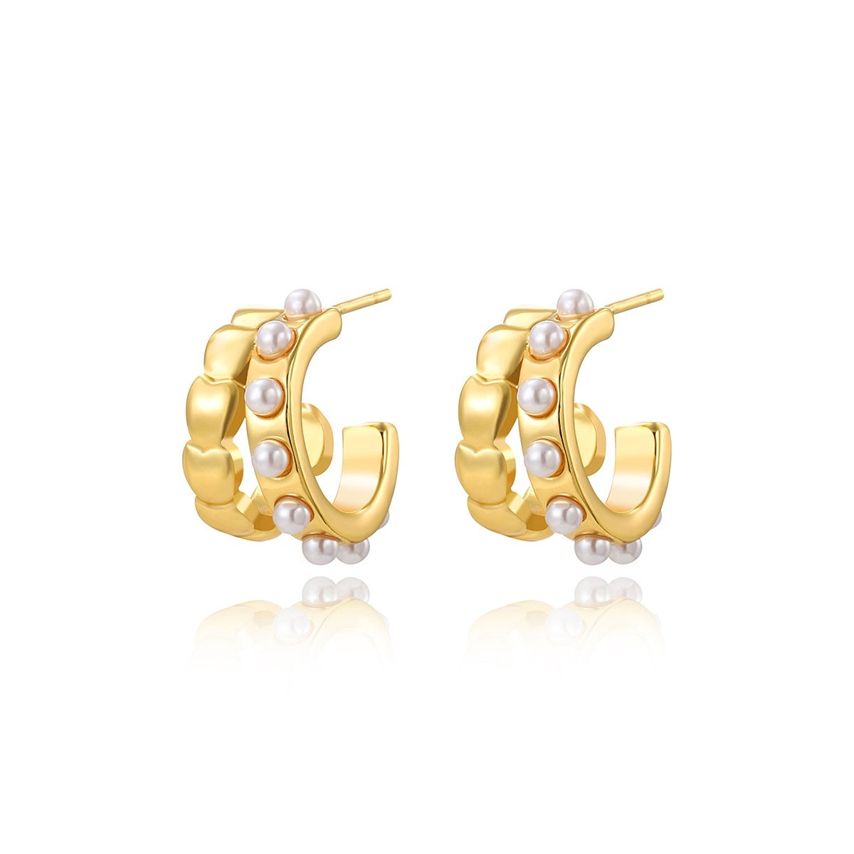 European And American Stainless Steel Retro Double C- Shaped Earrings Imitation Pearl Love
