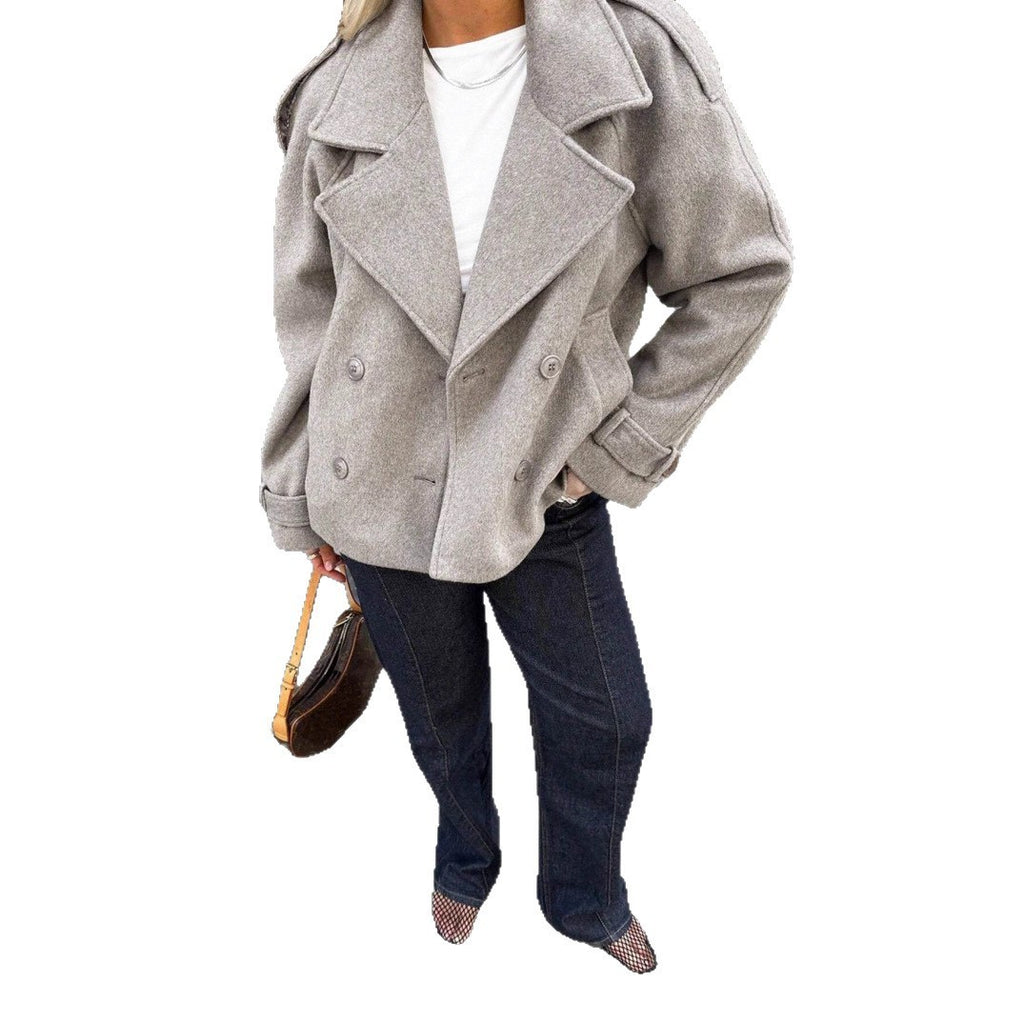 Women's Casual Loose Double Button Lapel Elegant Woolen Coat
