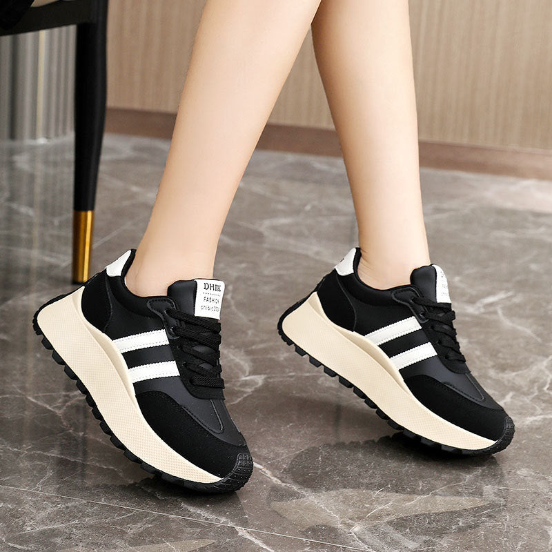 Womens Thick Soled Leather Patchwork Height Increasing Sneakers