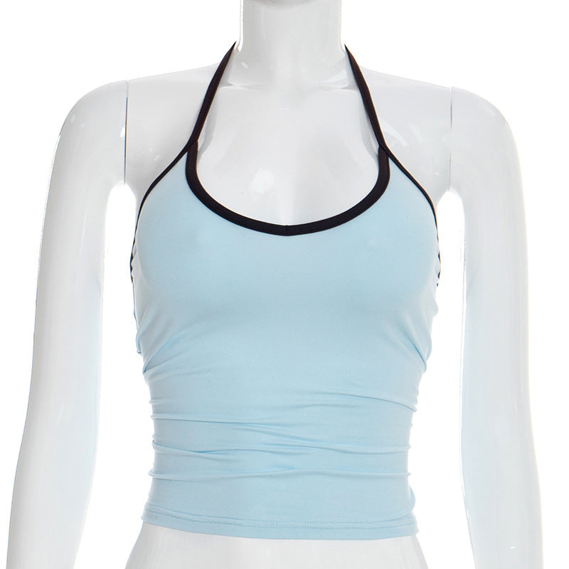 Womens Summer Instagram-Style New Contrasting Color Halter Top With Lace-up Details