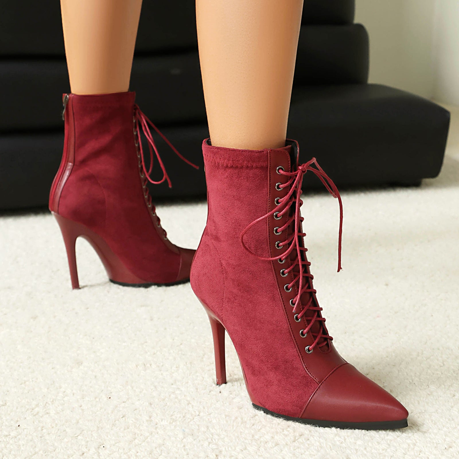 New Drawstring Patchwork European And American Women's Boots Short Pointed Knight Boots