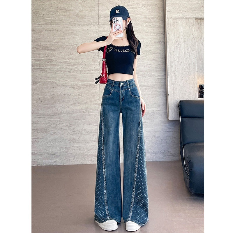 Hot-stone Embellished Wide-leg Flared Denim Jeans For Women Loose Fit In Washed Blue