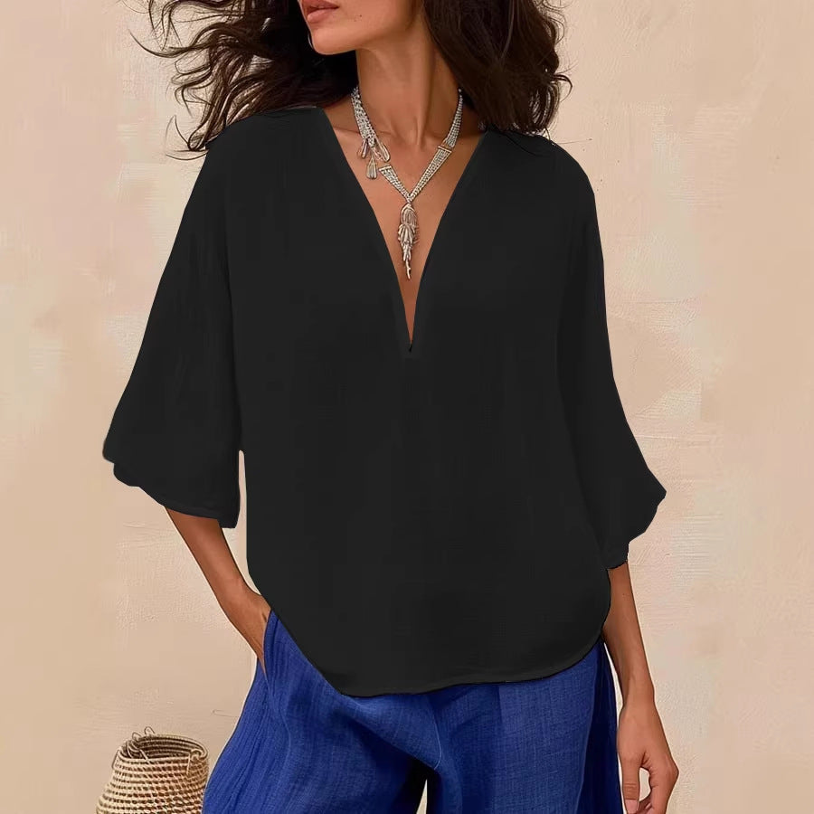 Loose Casual Solid-Colored Cotton-Linen Womens V-Neck Trendy Fashion Mid-Sleeve Top