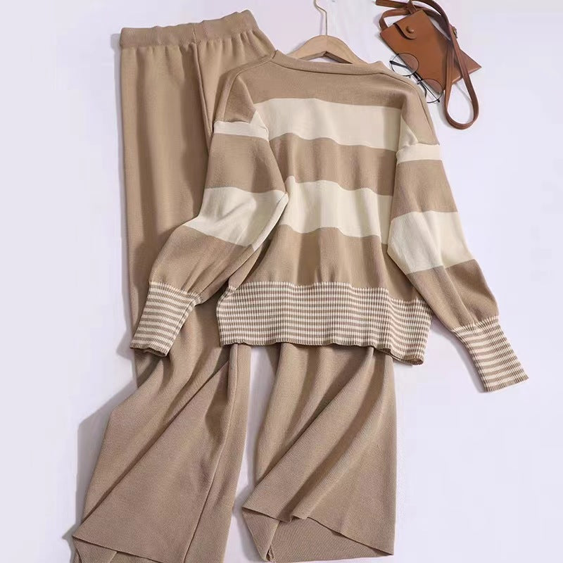 Korean Style Western Style Youthful-looking Striped V-neck Knitted Cardigan Wide Leg Pants Fashion Two-piece Suit