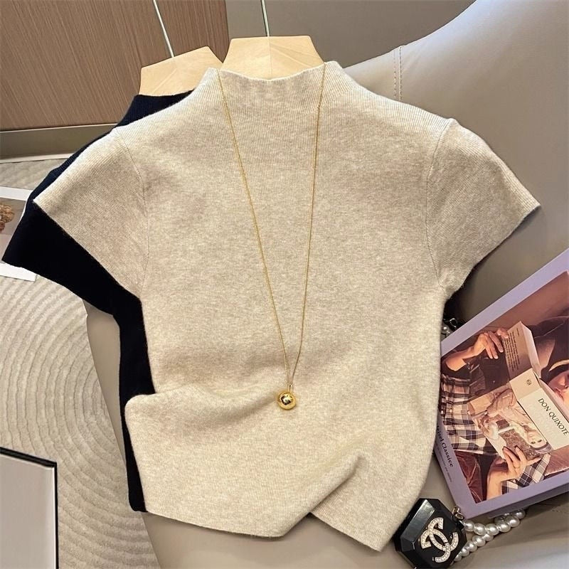 Dopamine Hot Girl Black Mock-neck Shoulder Short Sleeve Shirt Female Summer