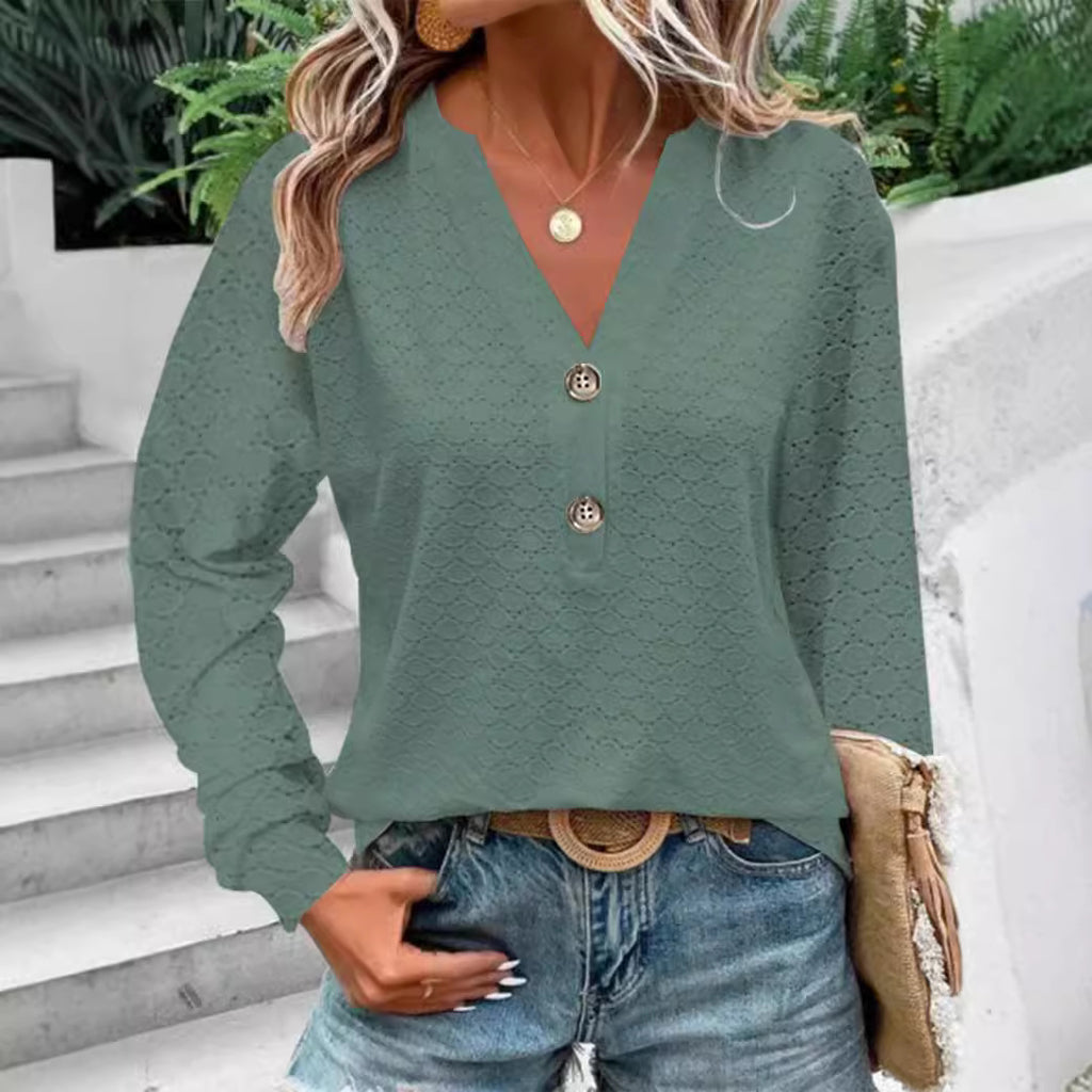 Women's Fashion Casual Solid Color Buttons V-neck Long Sleeve