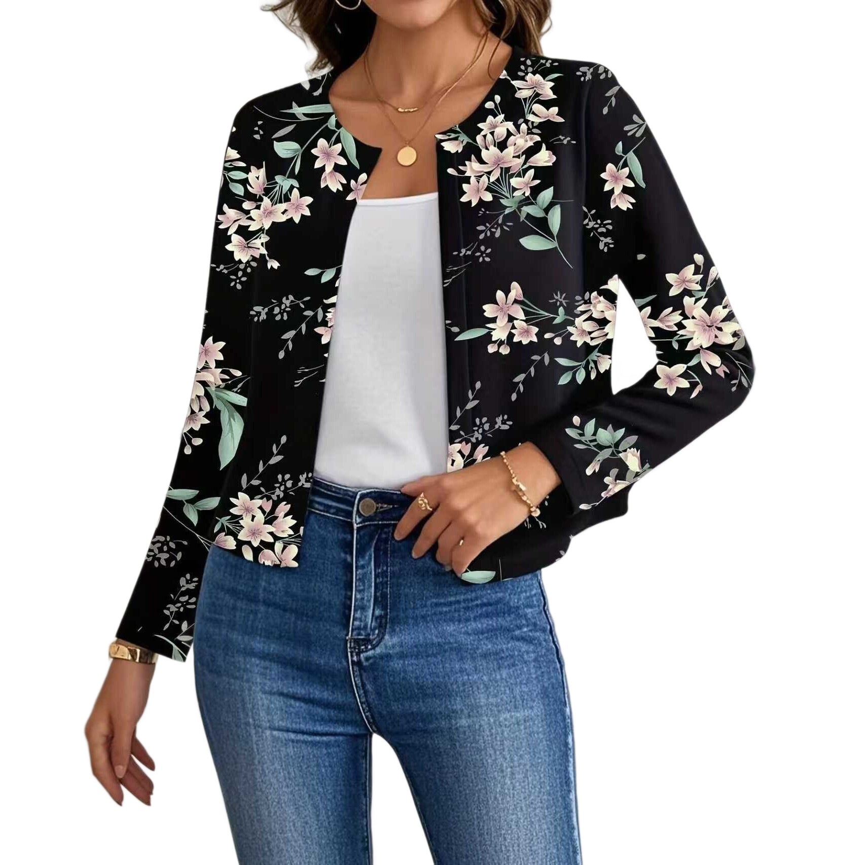 Women's Casual Crew-Neck Printed Short Long-Sleeve Jacket