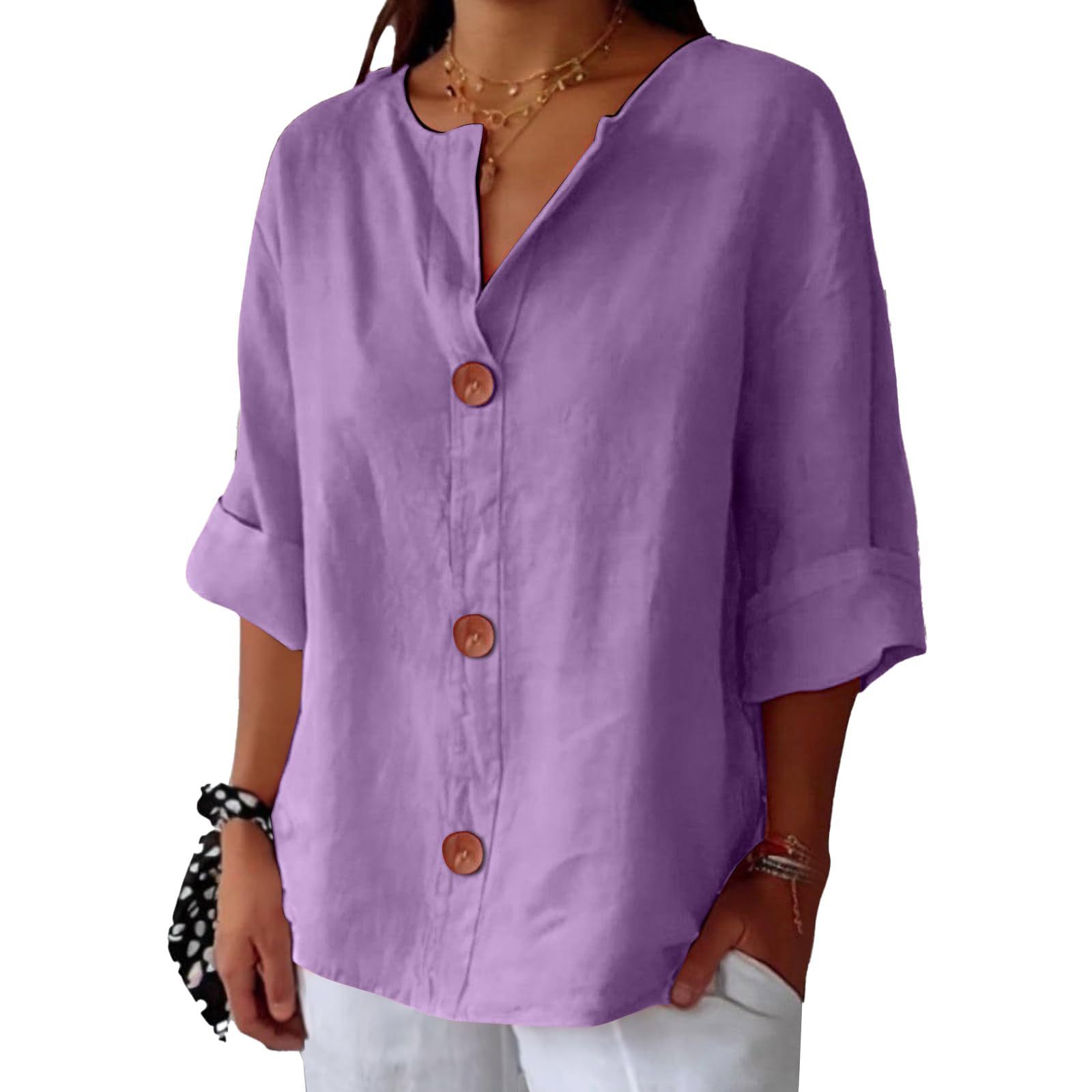 Women's V-neck cotton and linen buttoned blouse