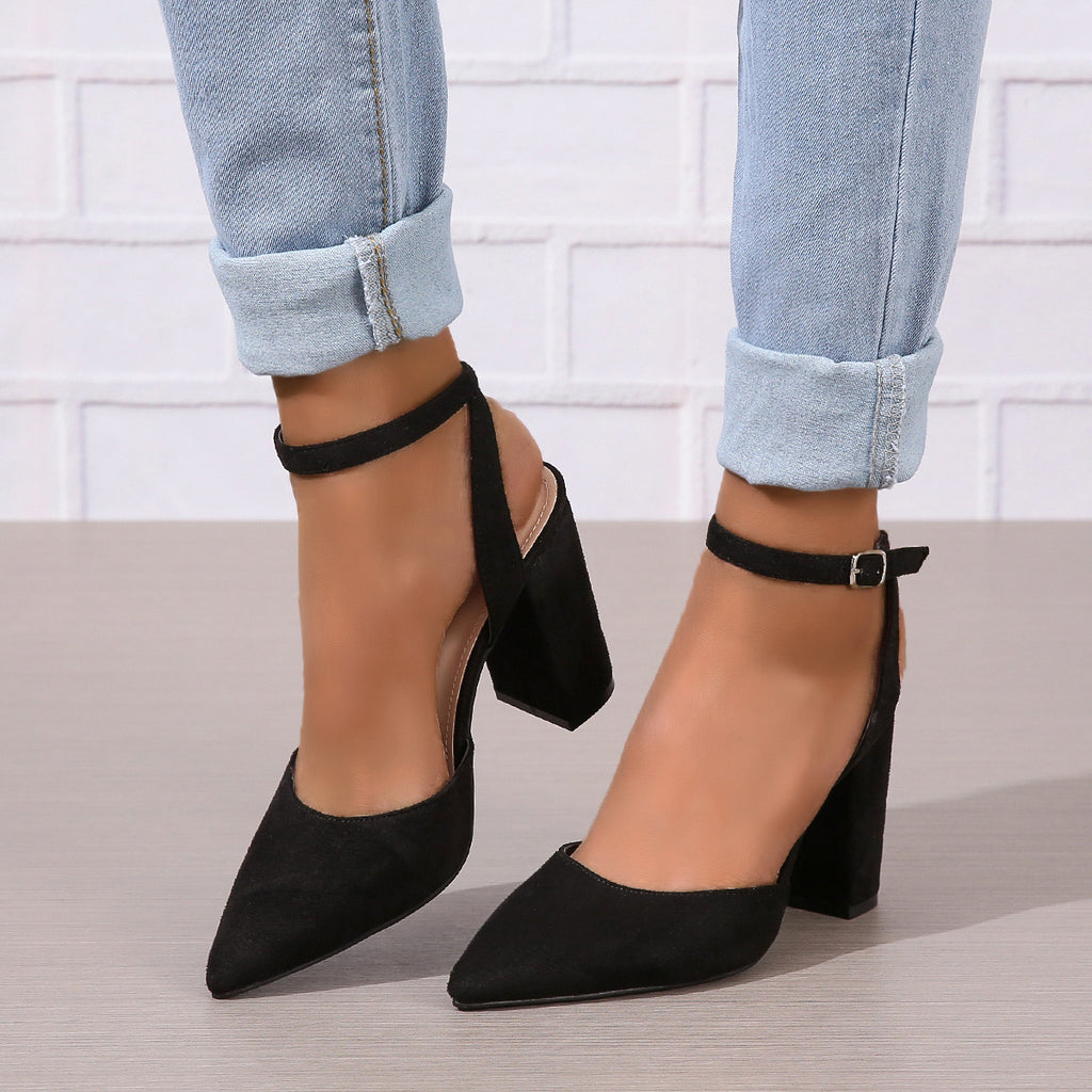 Women's Large Size Hollow Pointed Chunky Heel High Heels